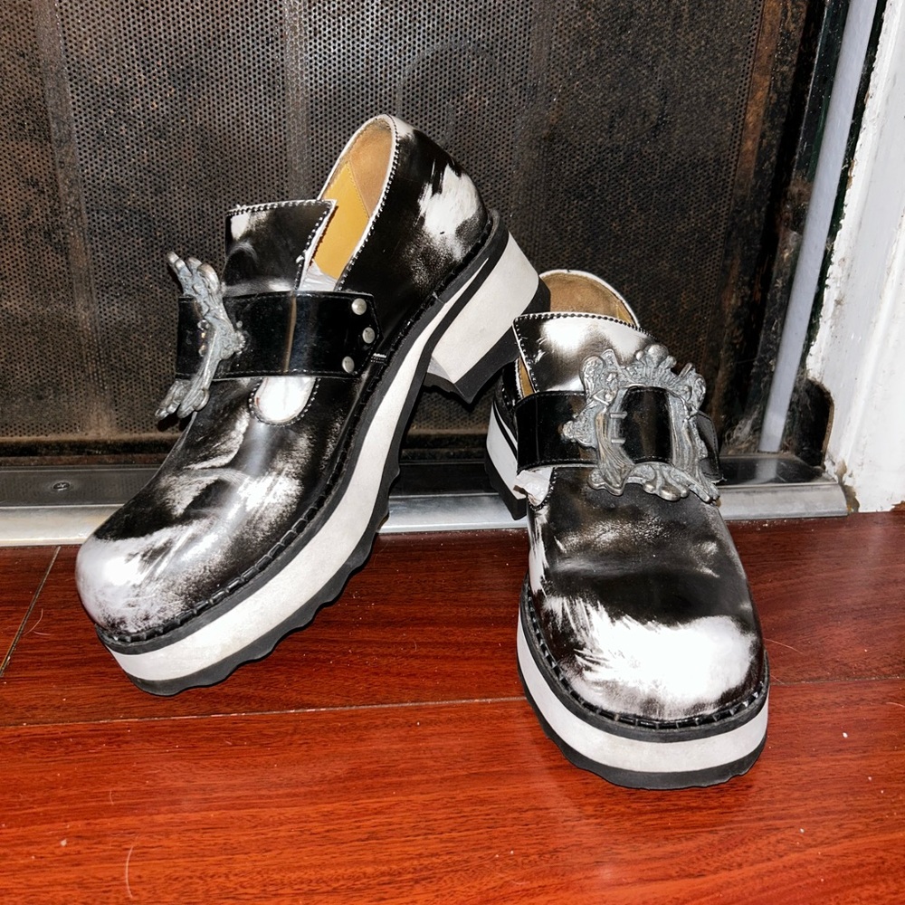Black and White rub-off leather platforms. 10.5, but fits 9.5/10